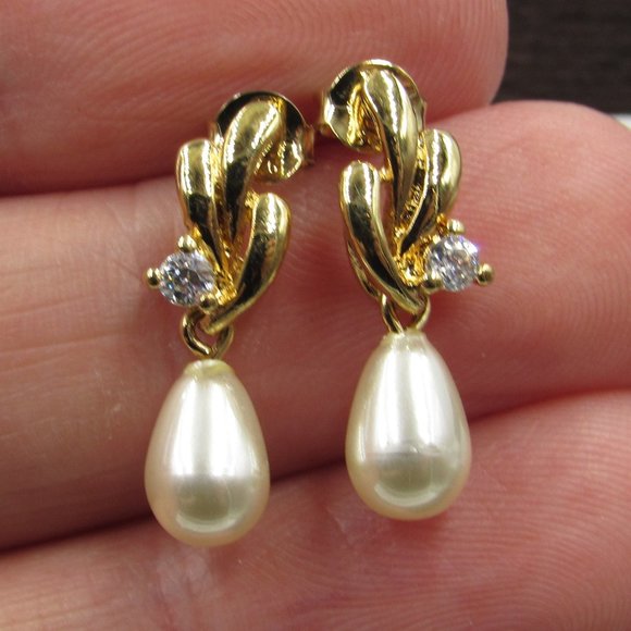 Jewelry - Sterling Faux Pearl & CZ Diamond Dangle Earrings